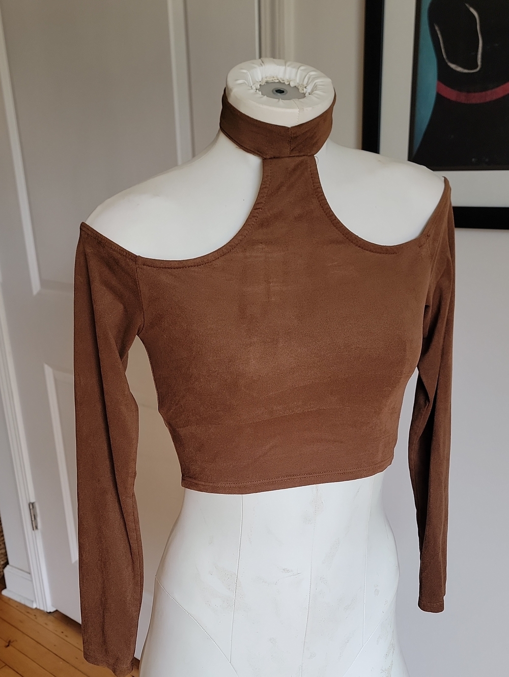 Windsor Brown Faux Suede Off The Shoulder Mock Neck Crop Top XS